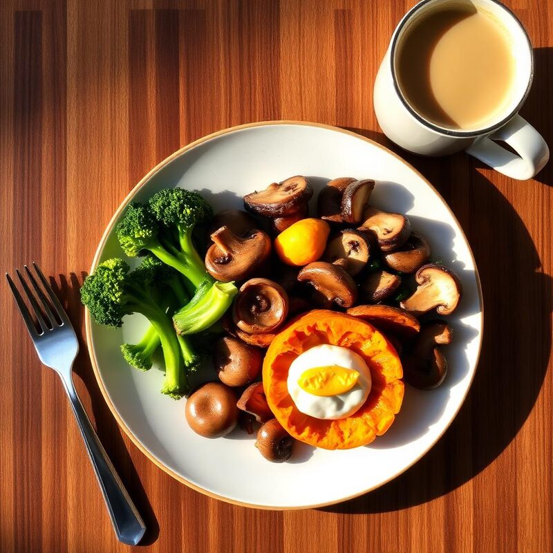 Coffee with broccolini, mushrooms and roasted pumpkin brunch plate