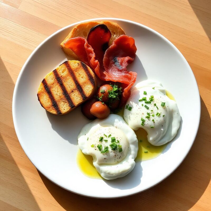 Big breakfast plate with halloumi, bacon and eggs on sourdough