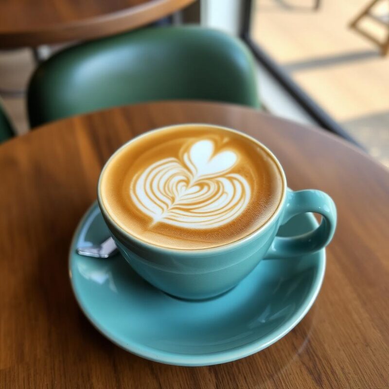 Latte art in a teal cup at Hidden Leaf Cafe